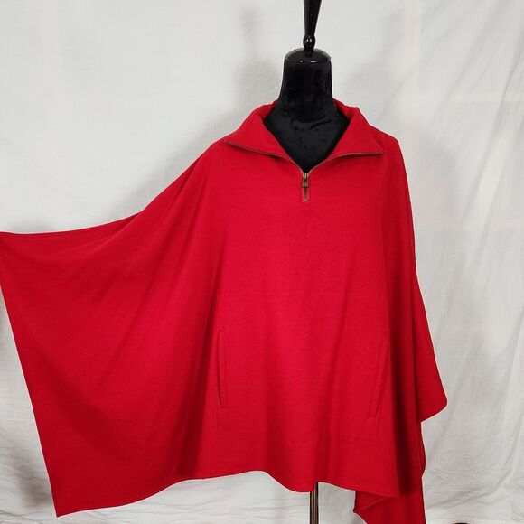 ST JOHNS BAY Wool Blend Cape 1/4 Zip Poncho Sweater One Size Red Pockets - Picture 5 of 11